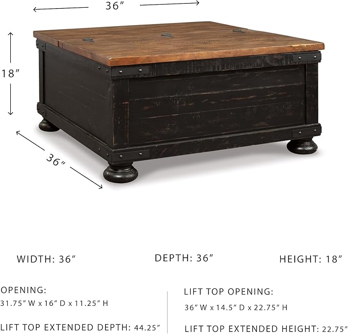Signature Design by Ashley Valebeck Lift Top Coffee Table, Storage, Split-top Design, Wood, 36" W x 36" D x 18" H, 2-tone Distressed Brown & Black Finish