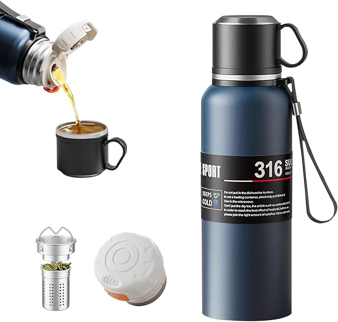 Double wall vacuum Leakproof stainless steel wide mouth insulated water bottle;tea tumbler with tea strainer infuser basket,cup and lid; travel coffee thermoses hot drinks;portable cold thermal flask