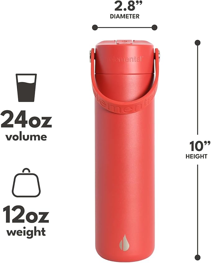 Elemental 24oz Insulated Water Bottle with Straw - 100% Leak-Proof Stainless Steel Core Water Bottles for Travel, Sports and Gym - Double Wall Insulation & BPA Free - Red