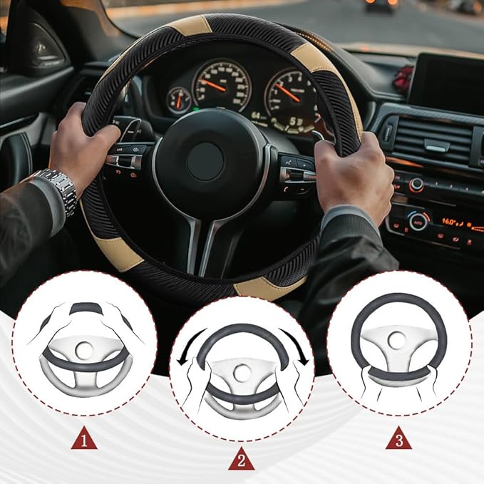 Car Steering Wheel Cover, Steering Wheel Protector, Universal 14.5-15 Inch Microfiber Leather Breathable Auto Steering Wheel Covers, Carbon Fiber Steering Wheel Cover for Women Men (Beige)