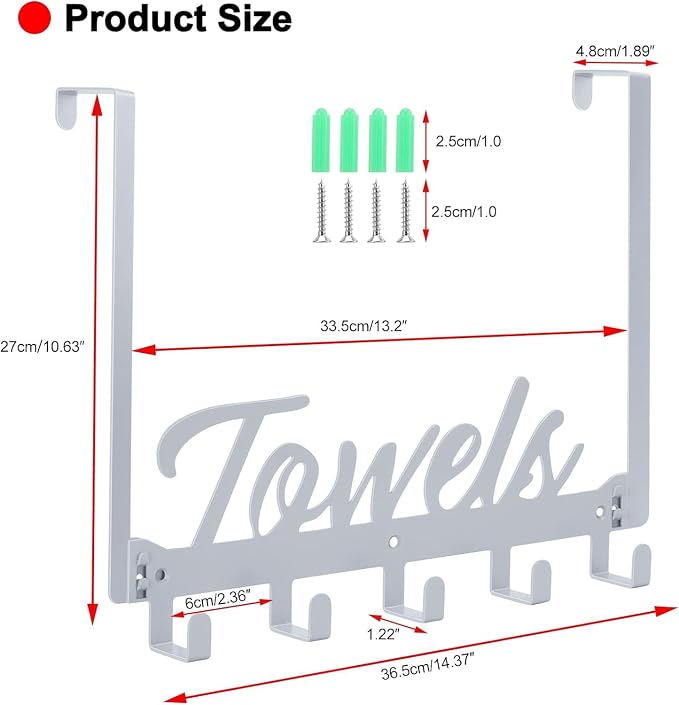 Azmoncy Over The Door Hooks, Towel Hook Towel Holder Over Door Towel Hanger Door Hanger with 5 Coat Hooks Towel Rack for Bathroom Bedroom Kitchen, Chrome