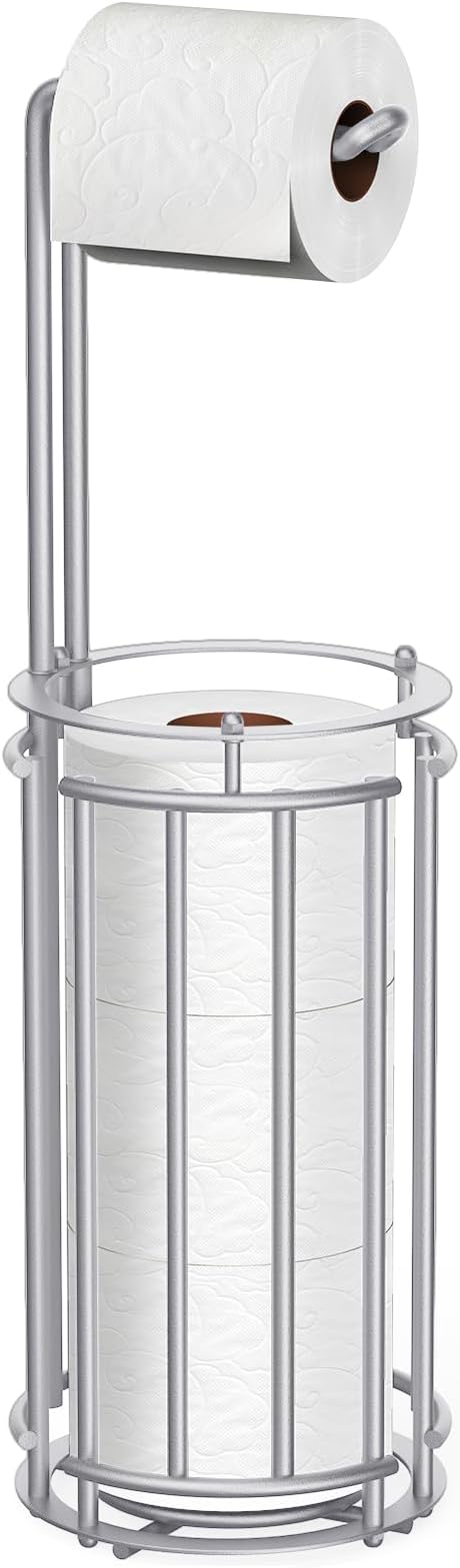 Meangood Toilet Paper Holder Stand and Tissue Paper Roll Dispenser for 4 Mega Rolls, Bathroom Free Standing Tissue Roll Storage Holder Rack, Detachable (Matte Silver)