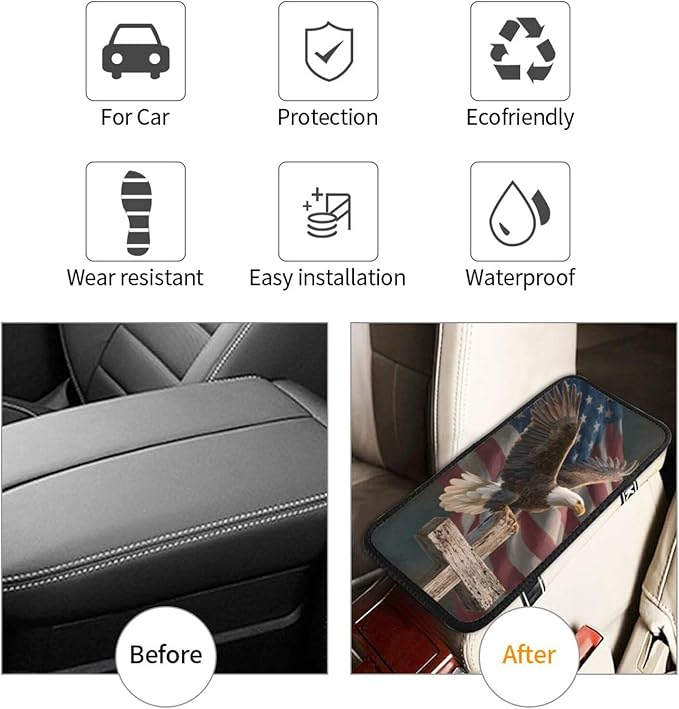 American Flag Jesus Cross Eagle Center Console Cover Pad, Car Armrest Seat Box Cover Cushion Universal for Most Vehicle SUV Truck, Car Interior Accessories Decor, Protect from Pet Claws & Dirt