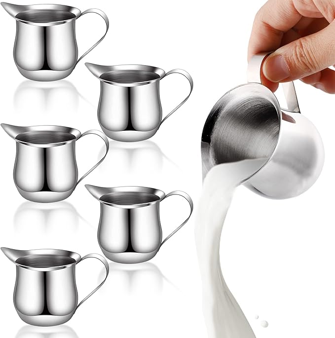 Yesland 6 Pack Creamer Pitcher, 3 oz Small Bell Creamers, Mini Espresso Pouring Cup, Stainless Steel Wide Mouth Pitcher with Pouring Spout for Cream, Milk & Sauce, Maple Syrup