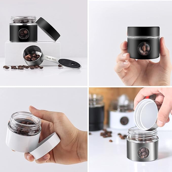 Coffee Canister Travel Jar, Mini Airtight Stainless Steel and Glass Food Storage Container Great for Coffee Bean and Coffee Grounds - Silver, 1.4 OZ