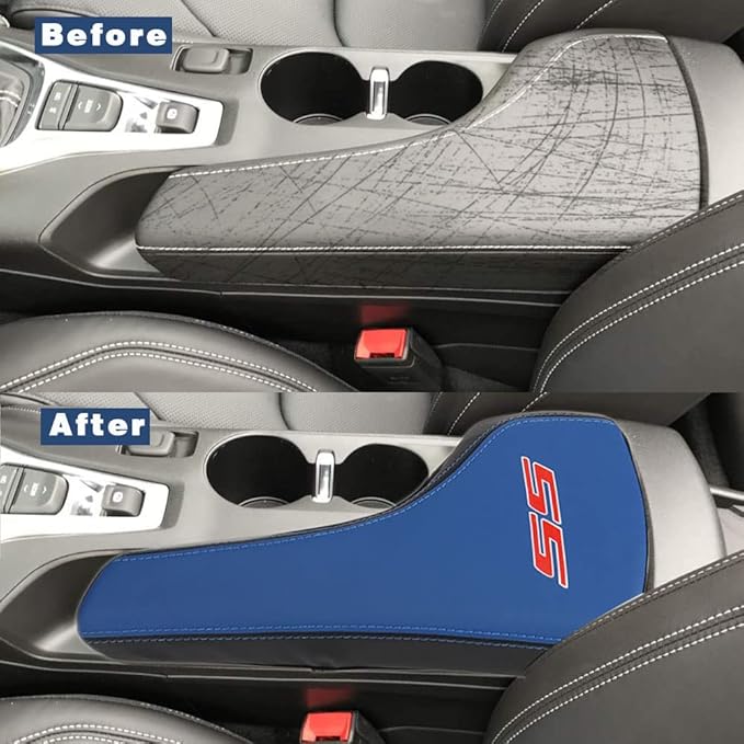 BOYOUS Armrest Cover Center Console Pad Full Protection Console Leather Arm Rest Interior Accessories Fit for Chevrolet Camaro 2016-2024-Blue+Black