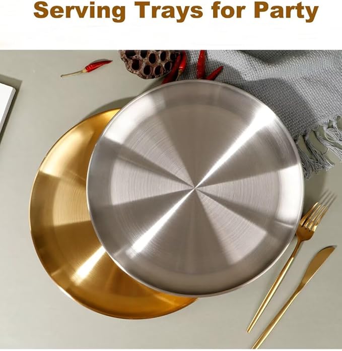 Serving Trays 7.9in Stainless Steel Decorative Tray Round Gold Tray for Kitchen Wedding Party Coffee Table Dishwasher Safe
