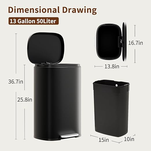 PayLessHere Stainless Steel Trash Can with Lid - Removable Inner Bucket, Foot Pedal Soft Close for Office, Home, Kitchen Garbage Bin (Black, 13 G)