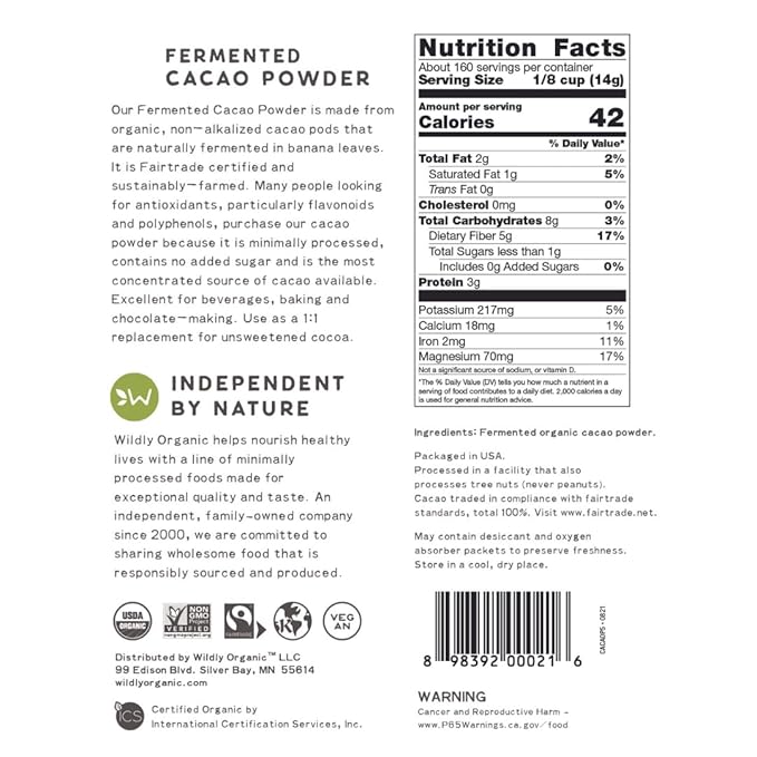 Wildly Organic Fermented Cacao Powder 80 Oz, 5 lb Bag - Organic, Non-Alkalized, Minimally Processed, High in Antioxidants, Raw, Fair Trade, Non-GMO, Kosher, Vegan, Premium Rich Chocolate Flavor - Perfect for Skin, Smoothies, Yogurt, Oatmeal, Chocolate,...