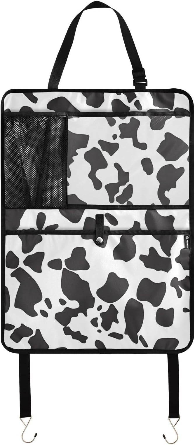 JIPONI Car Backseat Organizer, Cow Print 3 Automotive Back Seat Protector, Kick Mats with Storage Pockets for Kids Pets, Road Trip Accessories (2 Pack)