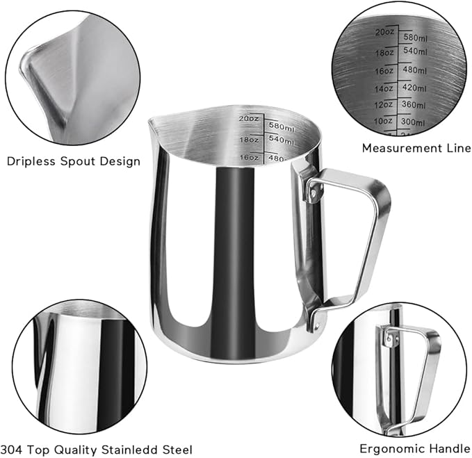 Stainless Steel Milk Frothing Pitcher Cappuccino Pitcher Pouring Jug Espresso Cup Creamer Cup for Latte Art, 20 Ounce (600 ML)