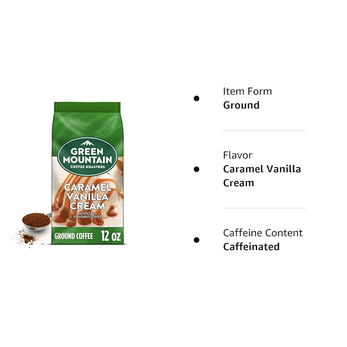 Green Mountain Coffee Roasters, Caramel Vanilla Cream, Ground Flavored Coffee, Light Roast, Bagged 12oz.