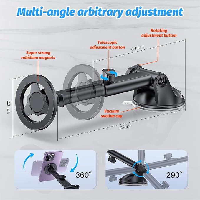 Magnetic Car Phone Holder, 360° Adjustable Vehicle Cell Phone Mount with Suction Cup Stand, Automotive Smartphone Holder for Dashboard Windshield, Universal for SUV RV Truck (StyleB)