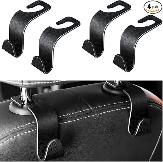HZEL Car Seat Headrest Hook, 4PCS Vehicle Back Seat Hanger Hook for Purse Coat Umbrella, Multifunctional Auto Interior Storage Organizer Accessories, Universal for SUV RV Truck (Black)