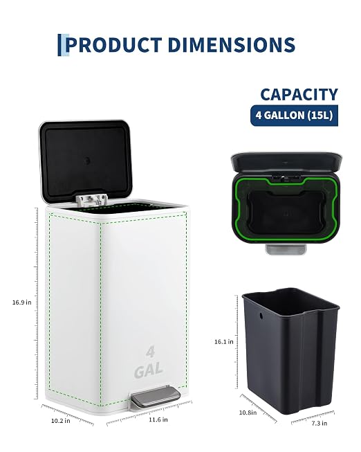 4 Gallon/15 Liter Trash Can, Stainless Steel Step Garbage Can with Quiet Soft-Close Lid, Foot Pedal & Removable Inner Bucket, Rectangular Trash Bin for for Living Room Home Office, White