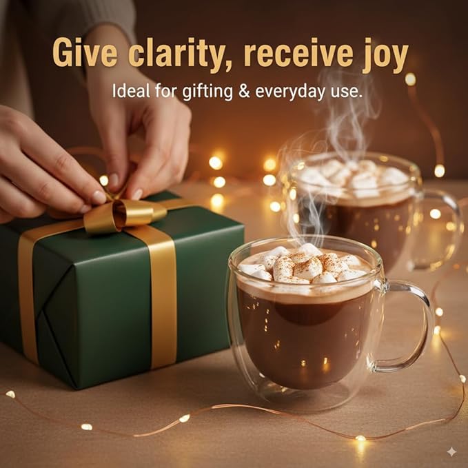 Double Walled Coffee Cups Glasses Mugs 9oz Set of 4 | Heat Resistant Borosilicate Clear Glass Espresso Latte Cappuccino Tea Cups with Handle | Insulated Glass Coffee Mugs Ideal for Gifting