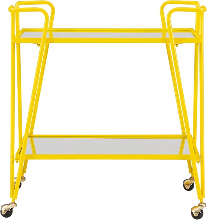 Gina Yellow Mid Century Bar Cart with Mirrored Shelves by Linon
