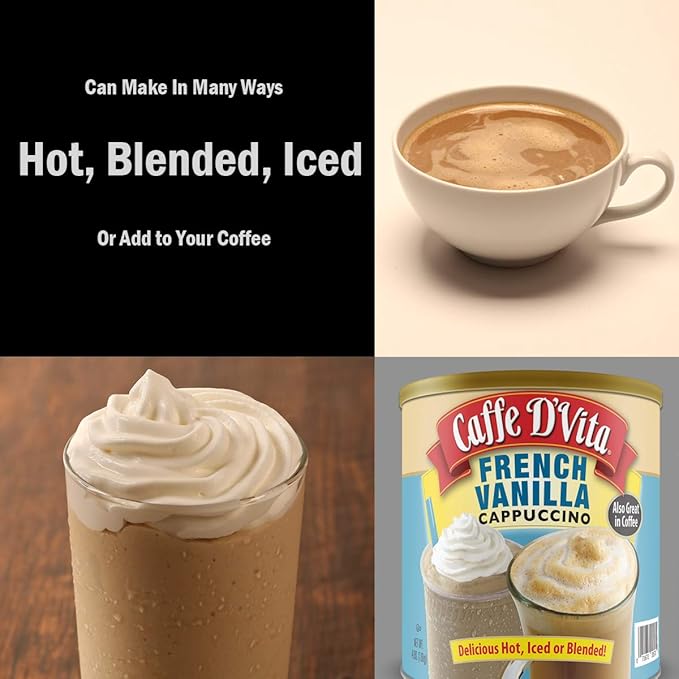 Caffe D'Vita French Vanilla Cappuccino Mix - Instant Vanilla Cappuccino Coffee Mix, Gluten Free, No Cholesterol, 99% Caffeine Free - 4 lb. Can