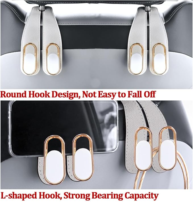 2PCS Car Seat Headrest Hook, Leather Dual Hook Vehicle Seat Back Storage Organizer for Purse Handbag Umbrella, Auto Backseat Groceries Hanger Holder, Universal for Truck SUV Sedan (Beige)