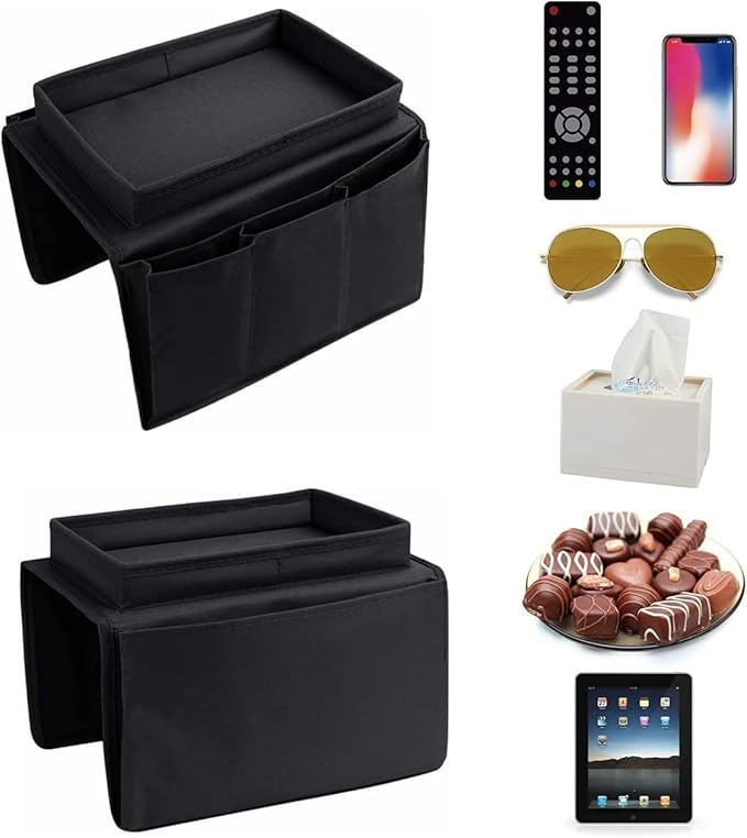 Sofa Armrest Organizer with Cup Holder No-Slip Couch Sofa Armrest Organiser Couch Remote Caddy Control Holder with 1 Large Pockets and 3 Small Pockets for TV Remotes Cellphone Magazines Drinks (Black)