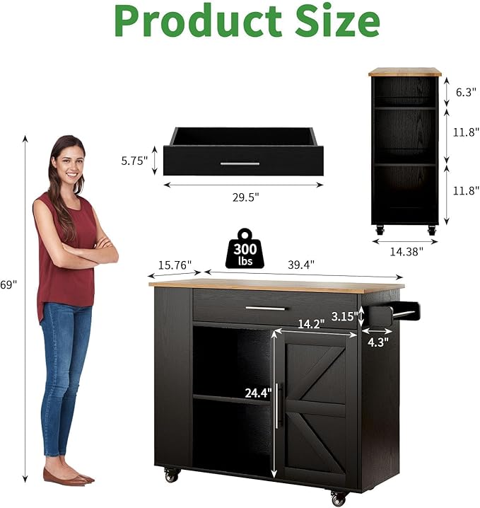 4 EVER WINNER Kitchen Island with Storage, Rolling Kitchen Island with Spice Rack & Towel Rack & Open Shelves, Island Table for Kitchen with Storage Cabinet and Drawer, Black