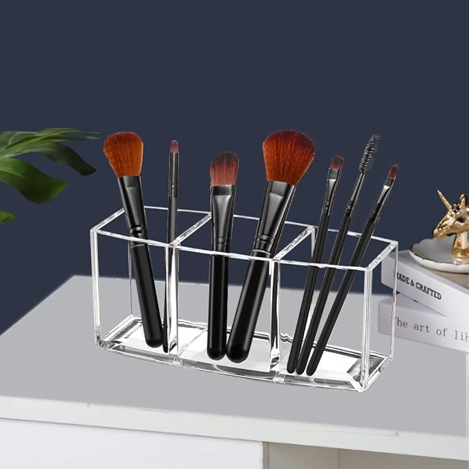 Acrylic Makeup Brush Organizer Holder Clear Cosmetic Brushes Storage with 3 Slots | 3 Slots