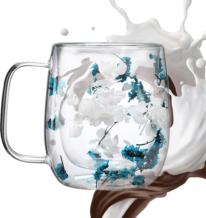 Dried Flowers Insulated Glass Double Wall Coffee Mug With Handle 250ml/390ml Transparent Double Glases Flower Tea Cup Latte Coffee Cup Borosilicate Glass Tea Mug