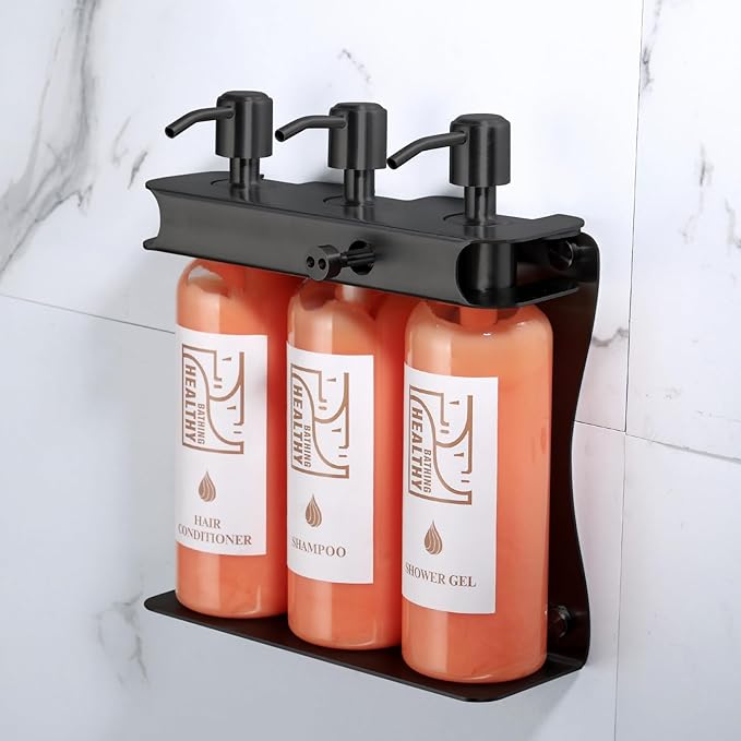 Black Shampoo, Conditioner, Shower Gel Dispenser 3 Room refillable Shampoo and Conditioner Pump Bottle Wall-Mounted Slot Shower soap Dispenser (KCHS-3)