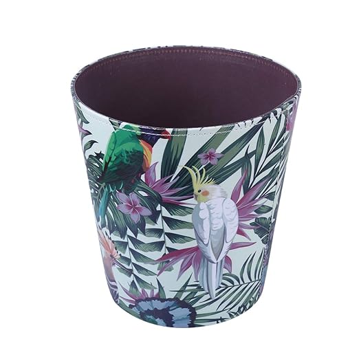 10L/2.64 Gallon Trash Can, Decorative Waste Basket, PU Leather Waste Paper Basket, Waterproof Garbage Can for Bathroom, Bedroom, Office, Kitchen and Living Room - Green and White Bird