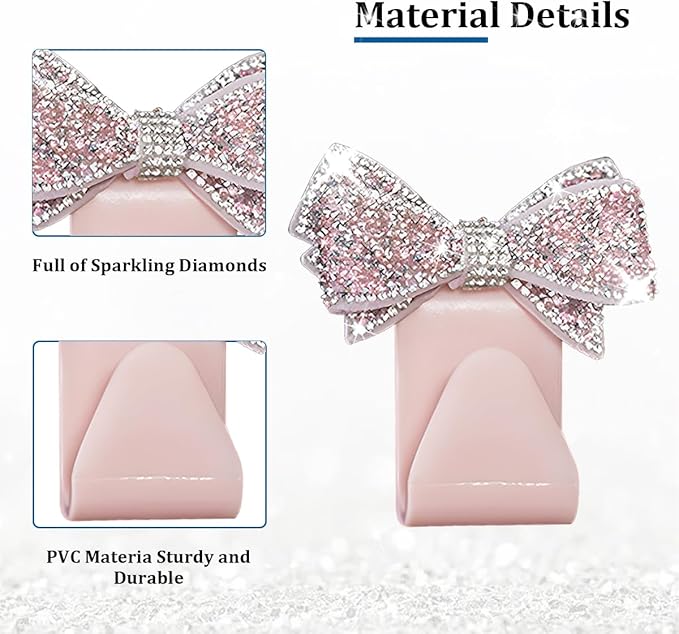 2PCS Bling Bow Car Seat Headrest Hook, Lovely Crystal Rhinestone Back Seat Storage Organizer for Handbag Purse Coat, Girly Sparkling Diamond Backseat Bag Hanger Holder, Universal Fit (Pink)
