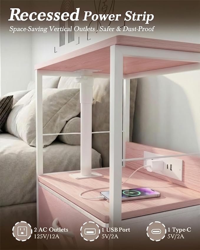 Faesun Swivel Lift Top Nightstand with Charging Station, Rolling Side Table for Recliner, Bedside Table with Wheels & 2 Fabric Drawers, for Small Spaces, for Bedroom, Living Room, Pink
