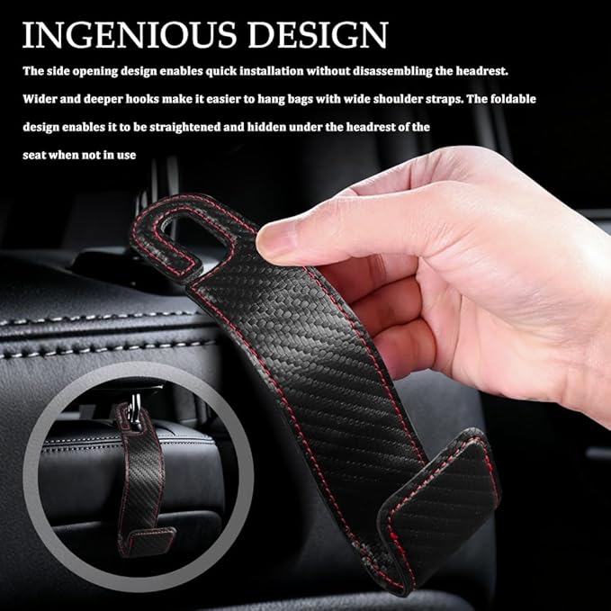 1PCS Purse Holder for Car, Purse Hook for Car, Leather Headrest Hooks for Automotive Back Seat, Auto Accessories Back Seat Organizer Hook for Grocery Bag Handbag Coat (Carbon Fiber, 1PCS)