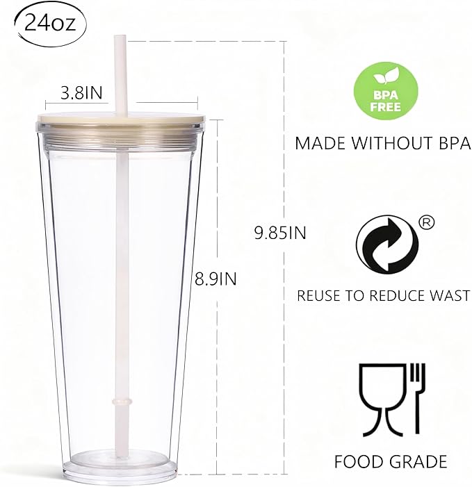 24oz Tumbler with Lid and Straw, Leak Proof and Double Wall Insulated Reusable Plastic Cups,Travel Reusable Iced Coffee Cup (1, White)