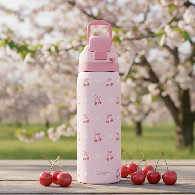 Cherry Insulated Stainless Steel Water Bottle with Straw for Sports and Travel, 32oz, Gifts for Women Girls Friends Teens Birthday Christmas