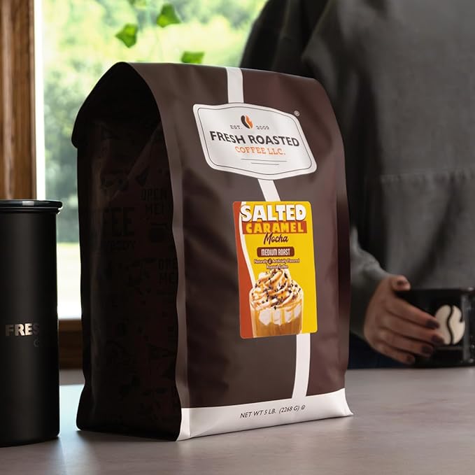 Fresh Roasted Coffee, Salted Caramel Mocha Flavored Coffee,5 lb, Medium Roast, Kosher, Ground