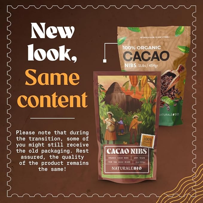 NaturaleBio Cacao Nibs Organic 1 lb. Unsweetened, Non-Alkalized and Pure. Sugar-Free Dark Chocolate Chips Substitute. Non-GMO, Gluten Free, Tested for Heavy Metals. From Raw Cacao Beans