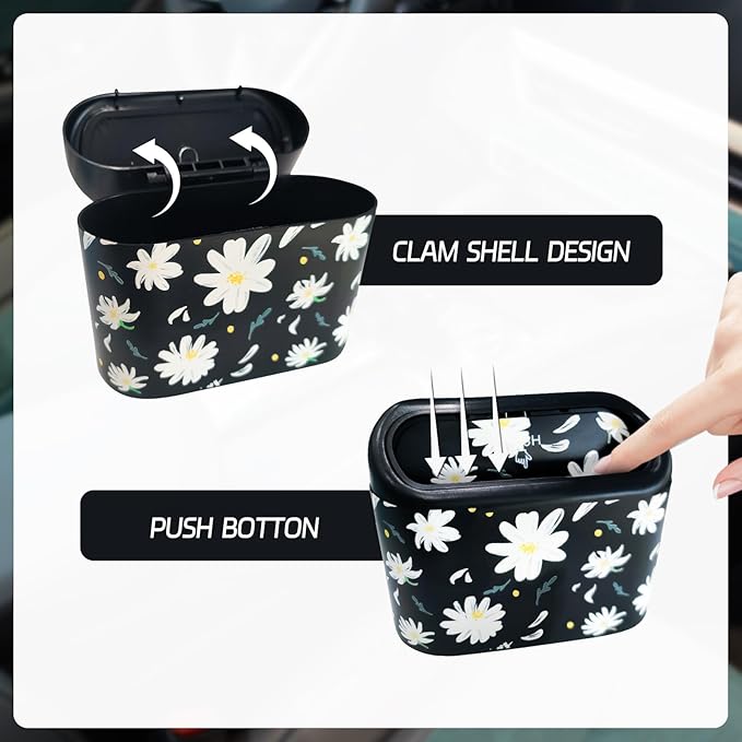Mini Car Trash Can with Lid – Cute Floral Car Interior Accessory with 5 Trash Bags, Small Automotive Organizer for Front and Back Seat, Universal Fit Trash Bin for SUV, Sedan, Truck, Office or Home