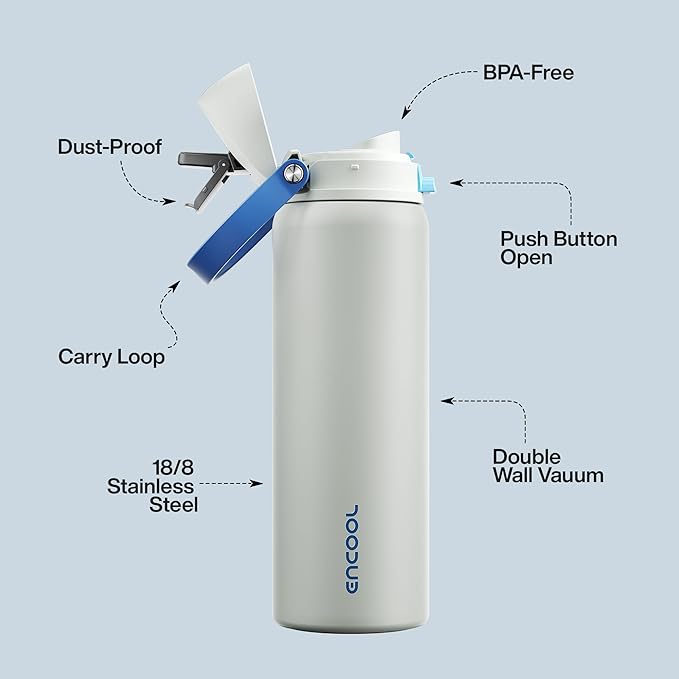 Insulated Water Bottle with Straw - Encool Stainless Steel Water Bottle with Push Button Lid, Leak-Proof & BPA-Free, Keeps Cold for 24 Hours for Sports, Travel, Gym (32 oz, Quill Grey-Blue)
