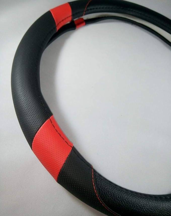 Jdragon Black & Red PU Leather Best Grip Slip-On Steering Wheel Cover 14.25-15" Diameter