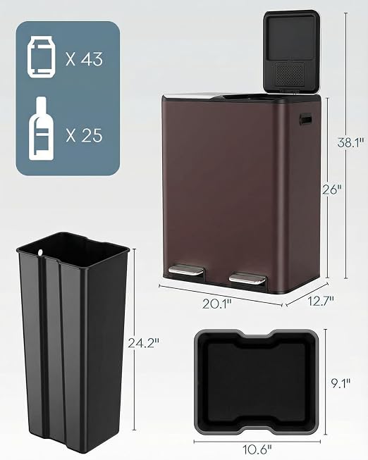 ComfyCorner 16 Gal (2 x 30 L) Dual Trash Can, Stainless Steel Kitchen Garbage Bin, Recycle Dustbin with Odor Control Box, Soft-Close Lid, Inner Buckets, Side Handle, Step Pedal, for Home Office