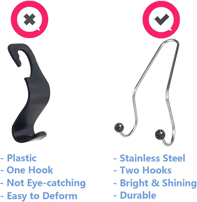 Bling Car Seat Hooks, Rhinestone Universal Organizer Hooks Car Headrest Hangers Hooks, Bag Organizers Rack and Hanger, Strong and Durable Auto Backseat Storage Hooks (A-Black)
