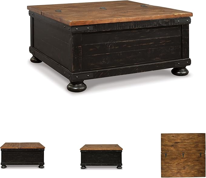 Signature Design by Ashley Valebeck Lift Top Coffee Table, Storage, Split-top Design, Wood, 36" W x 36" D x 18" H, 2-tone Distressed Brown & Black Finish