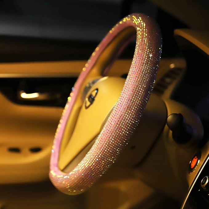 Car Steering Wheel Cover Pink for Women Girls Cute Bling Accessories 15 Inch Universal Colorful Crystal Rhinestone Diamond Rainbow Anti-Slip Wheel Protector