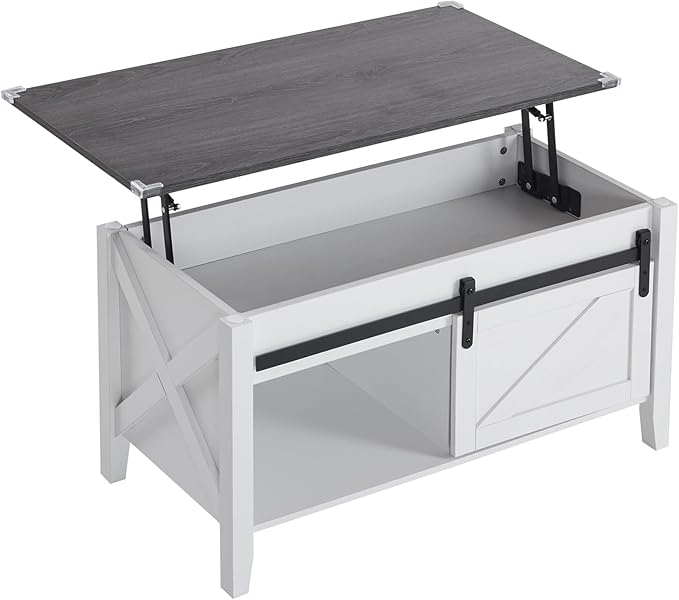 VINGLI Farmhouse Lift Top Coffee Table, Rustic Grey with Storage Shelf/Hidden Compartment, Mesa De Centro para Sala, Rustic Brown (White Charcoal, 36" L)