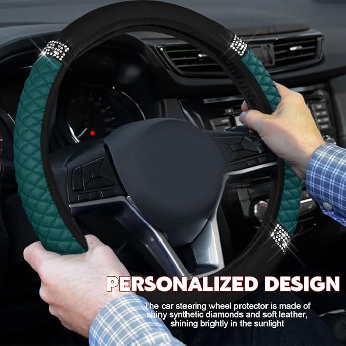 Car Steering Wheel Cover, Steering Wheel Accessories, Breathable Microfiber Leather Auto Wheels Protector, Universal 15 Inch Anti-Slip Protector for SUV Sedan Truck (Bling-Dark Green)
