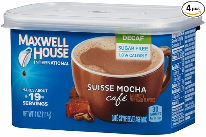 Maxwell House International Sugar-Free Decaf Suisse Mocha Beverage Mix, 4 oz Tub, 4 Pack, 2 Packages (4 Tubs)