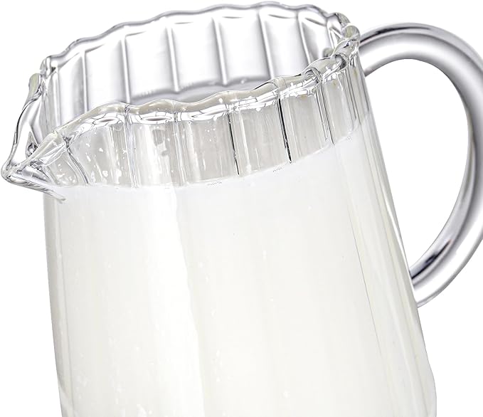 Yarlung 4 Pack Small Glass Pitcher, 8.5 Oz Clear Milk Creamer Pitcher with Handle, Creative Milk Frothing Coffee Pitcher for Table Serving, Salad Sauce