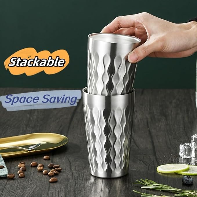 AGH 6 Pack Stainless Steel Cups for Kids, Metal Cups 12oz Double Layer Insulated Cup Pint Cup, Metal Drinking Cups Beer Tumbler Camping Cup Reusable Stackable Cup for Party Outdoor (Matte Gold)
