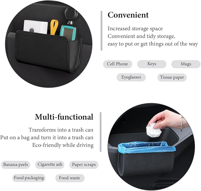 Car Trash Can, Leather Foldable Hanging Trash Bag, Multi-Function Mini Storage Box Garbage Can for Car Back Seats and Side Door, Black
