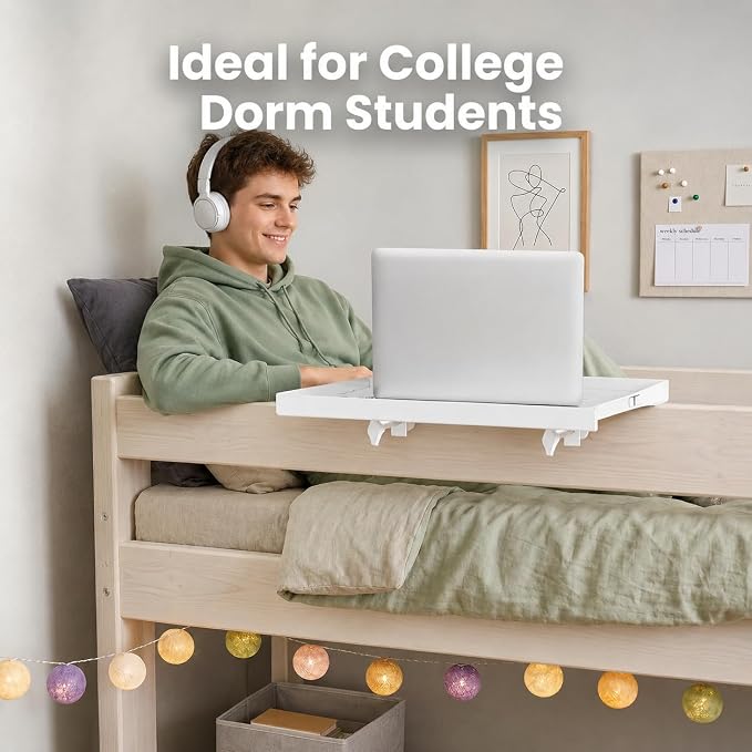Bedside Shelf Metal, Metal Clip on Bedside Table Shelf for top bunk,Bedside Caddy for College Dorm Room Essentials for Guys(White)